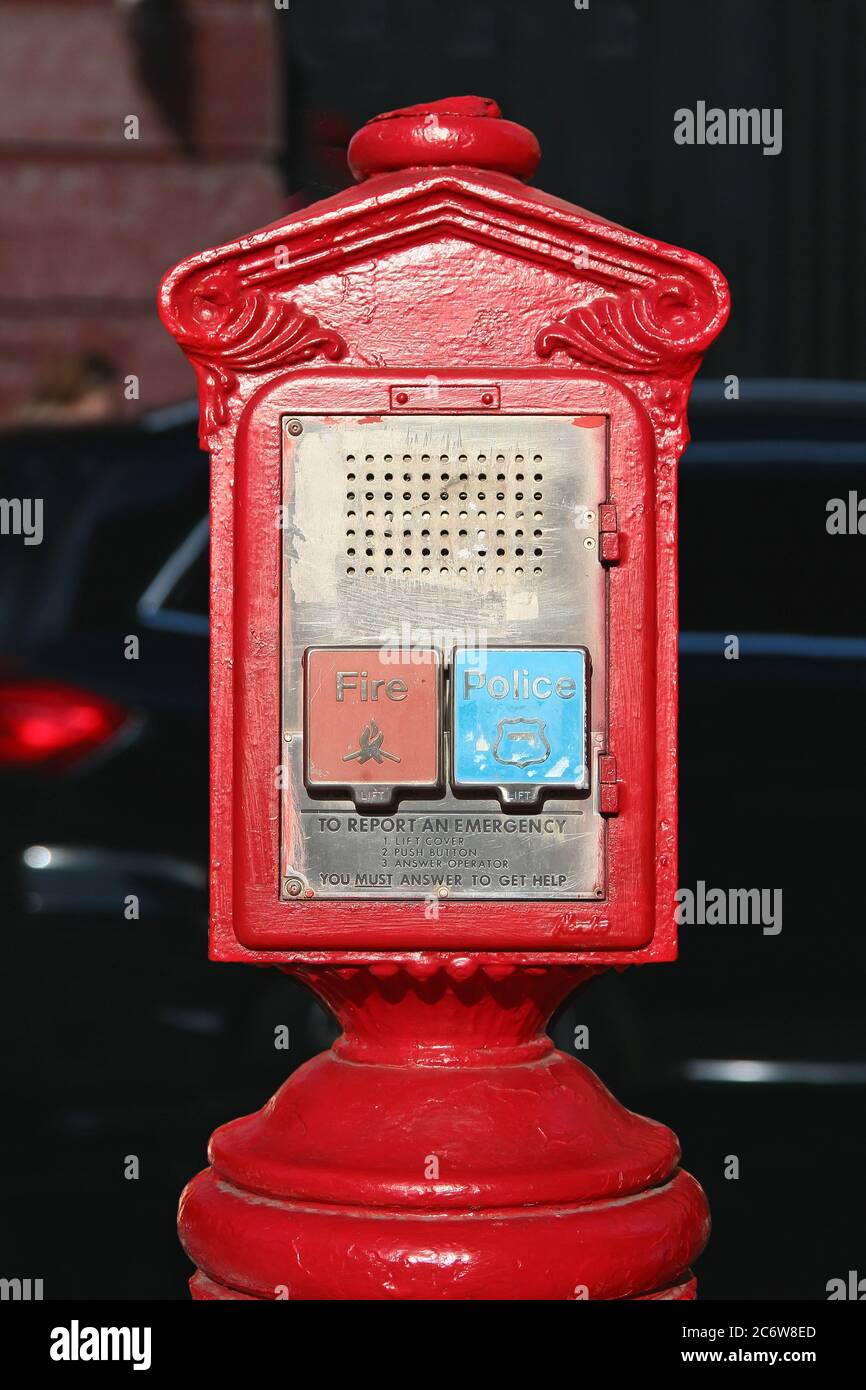 Emergency box on Manhattan with red fire and blue police buttons. New York. USA. Stock Photo