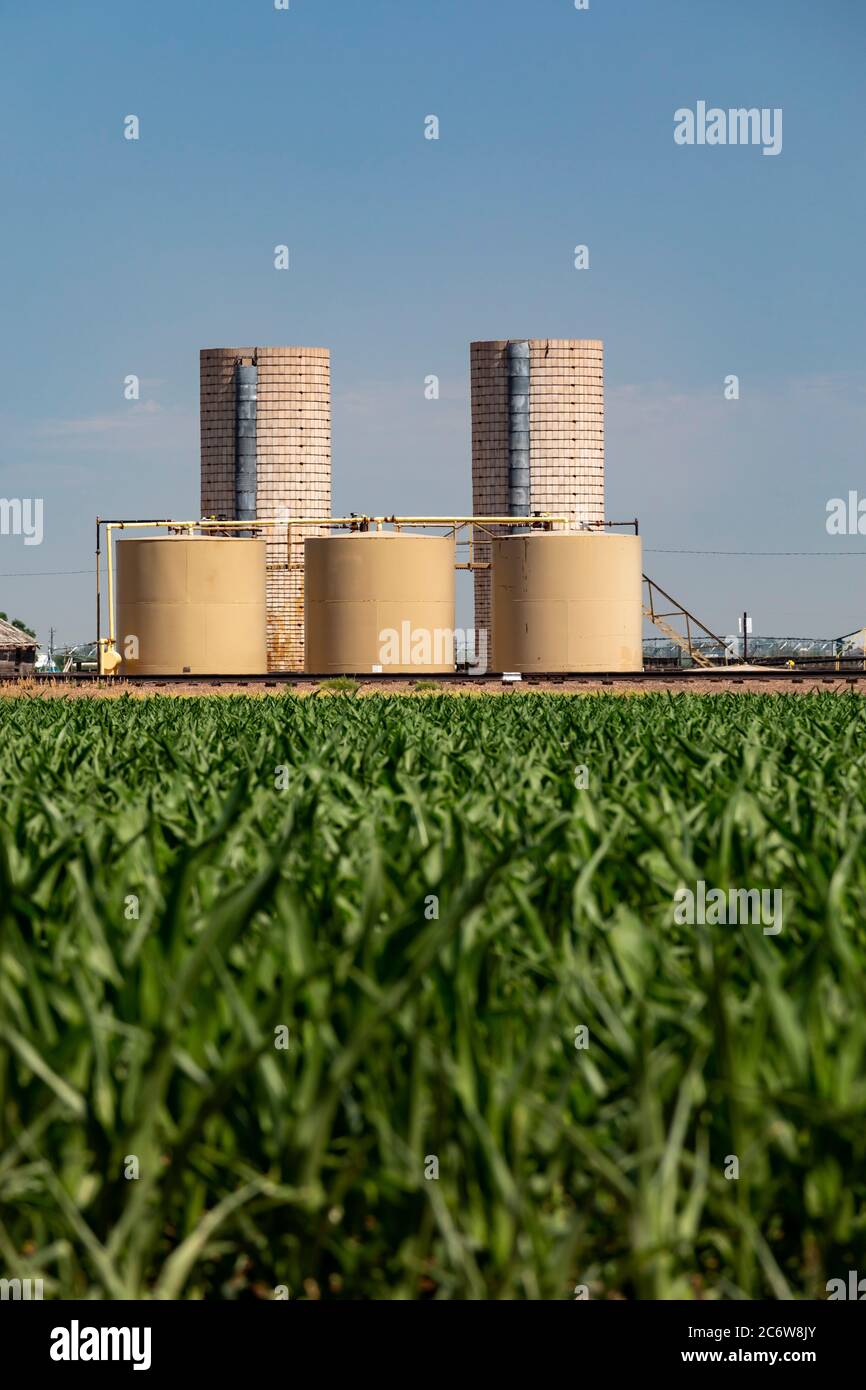 Kersey, Colorado Silos stand next to oil storage tanks on an eastern