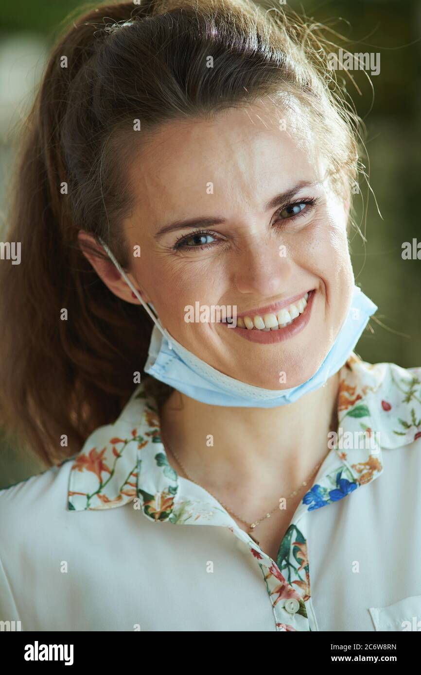Life during coronavirus pandemic. Portrait of happy trendy 40 years old