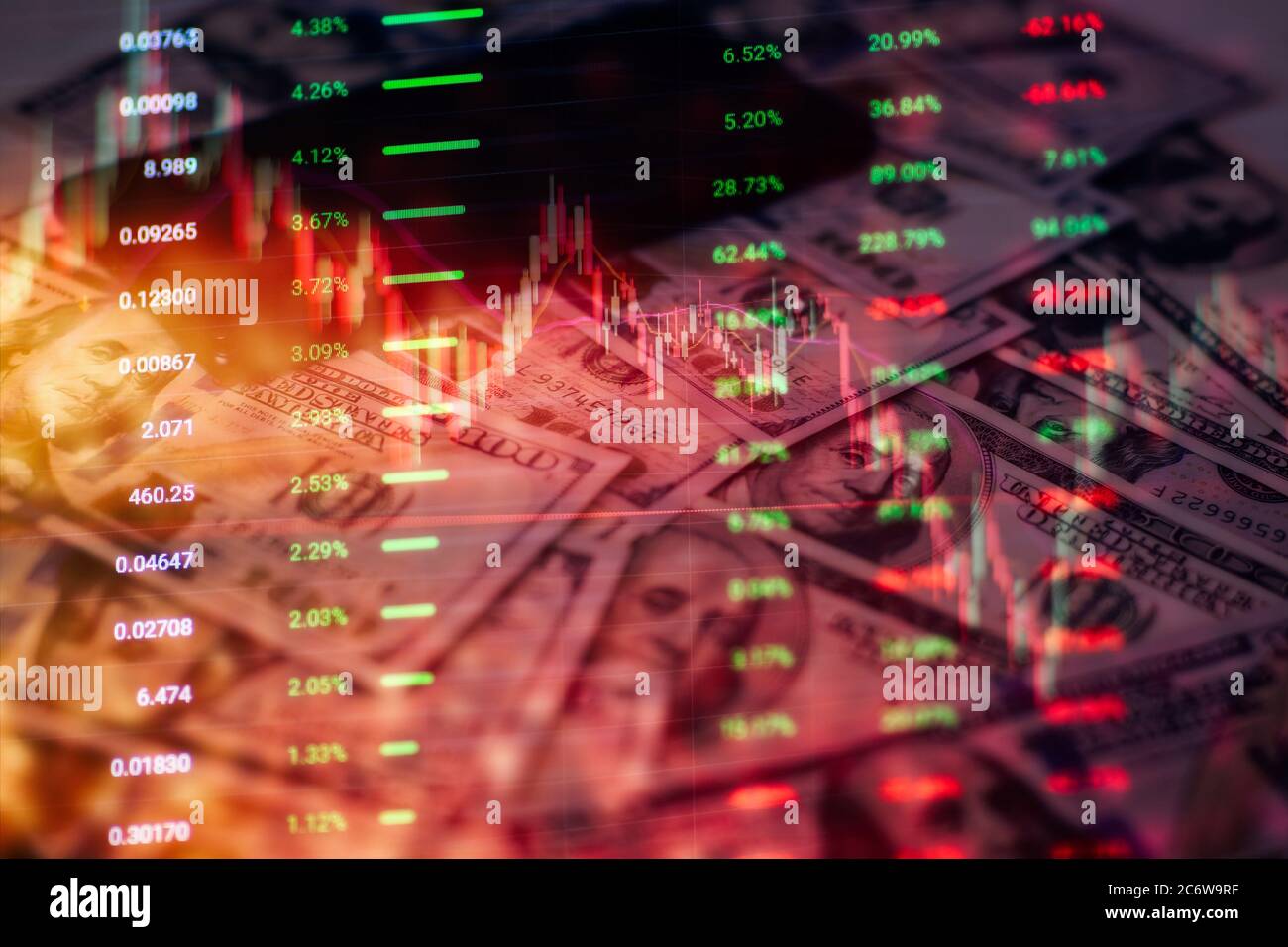 Concept of stock market and fintech. Blurry blue digital charts over dark blue background. Futuristic financial interface. Stock Photo