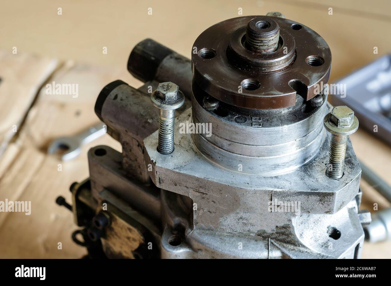 High pressure diesel fuel pump. Drive shaft with a pulley of the fuel
