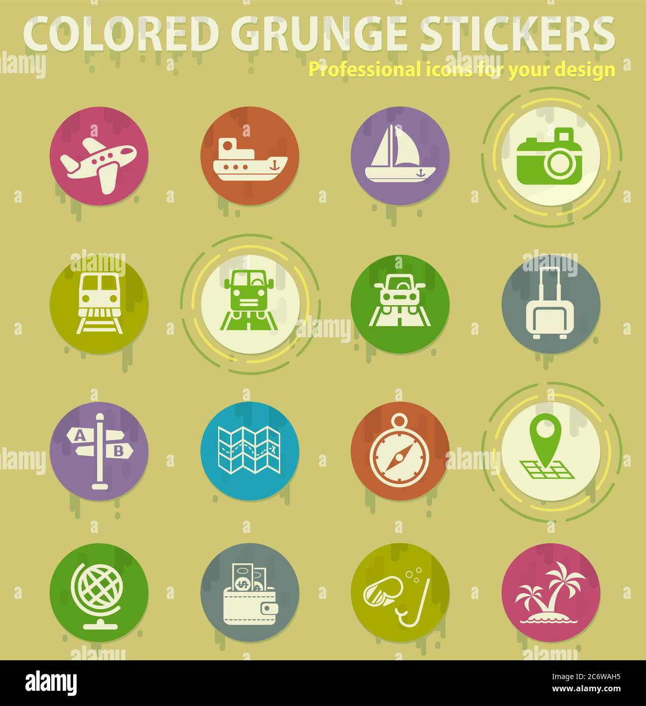 travel colored grunge icons Stock Vector
