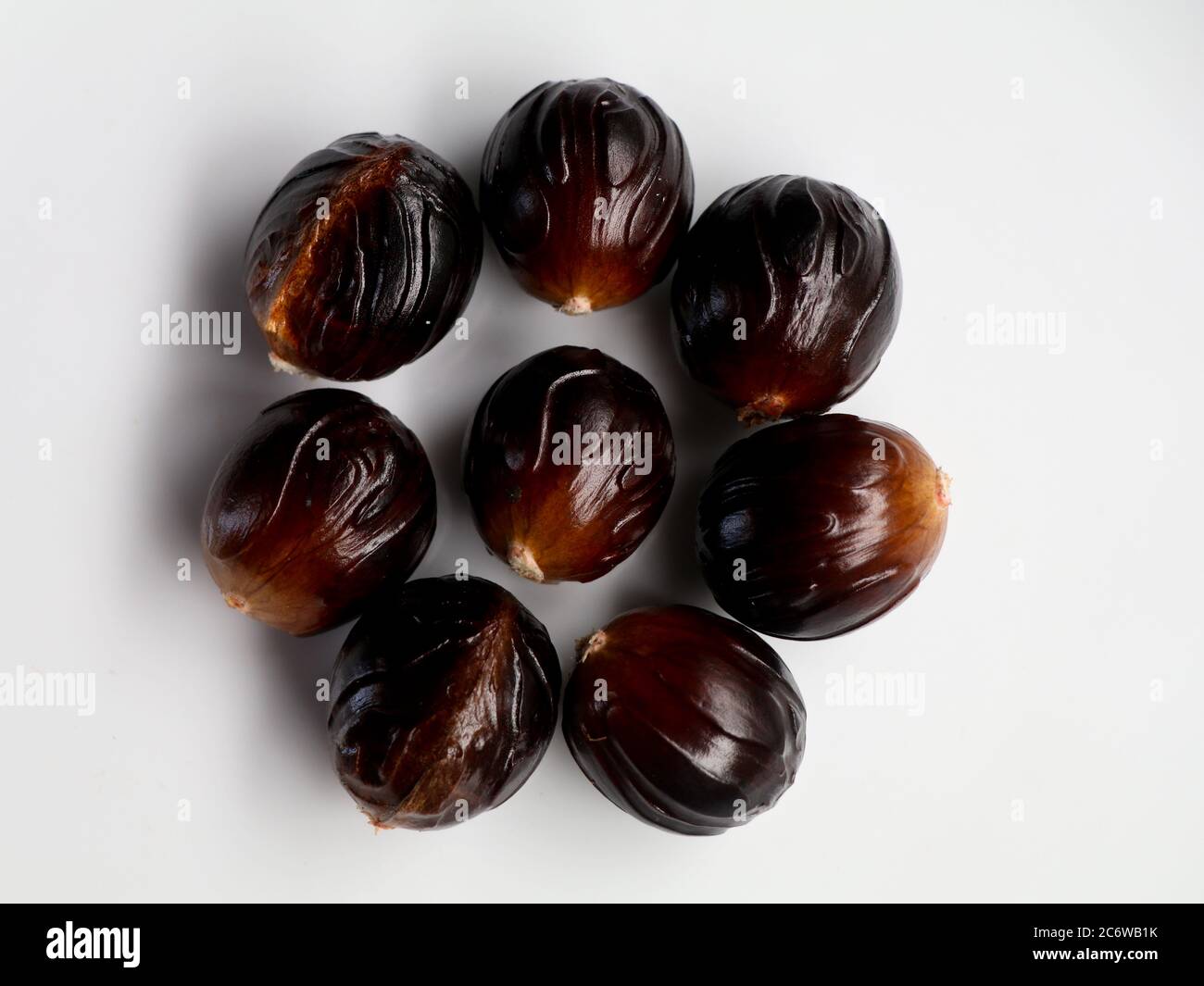 Fresh brown color nutmeg seed kept against white background. Nutmeg