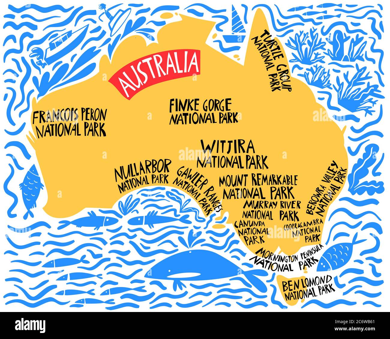 Vector hand drawn stylized map of Australia. Travel illustration of Commonwealth of Australias national parks. Hand drawn lettering illustration. Sout Stock Vector