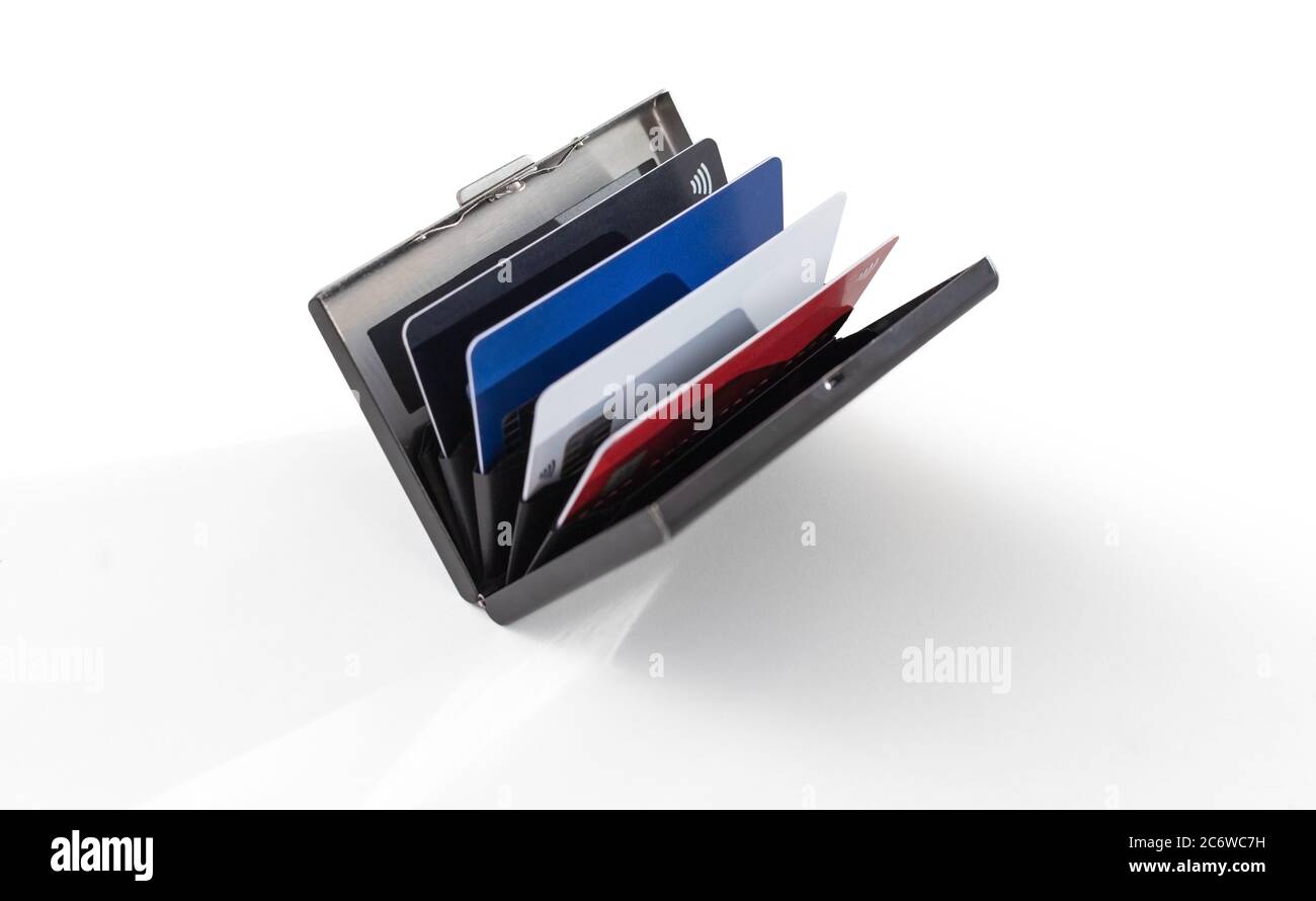 Stainless steel business ID credit card holder with credit cards Stock Photo