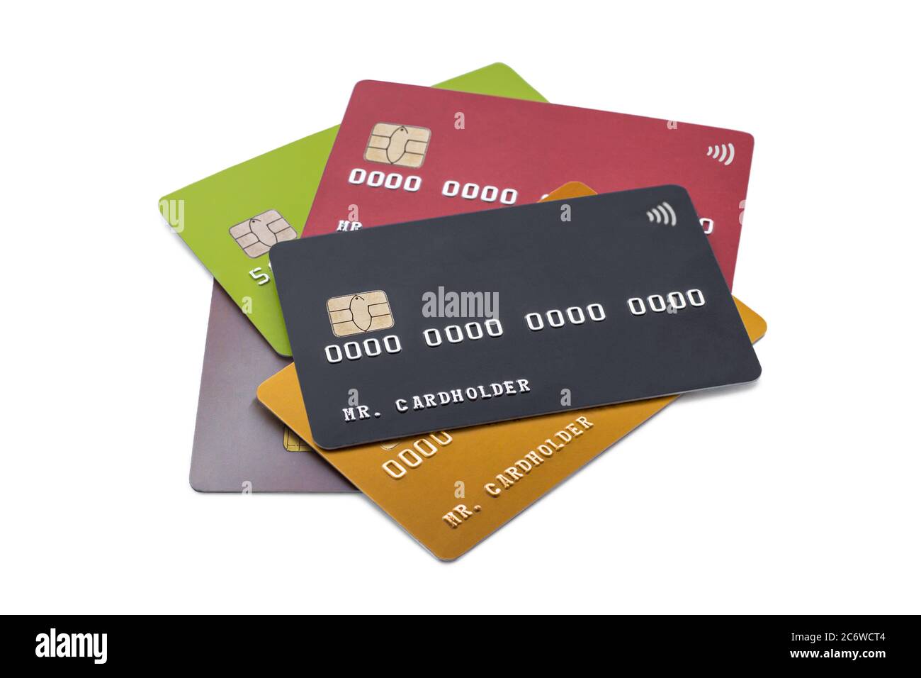 Pile of multicolored credit cards on white background, black card on top Stock Photo