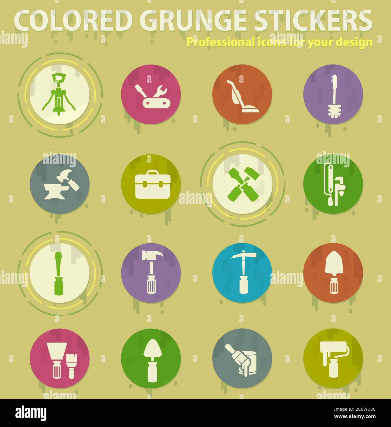 Work tools colored grunge icons Stock Vector