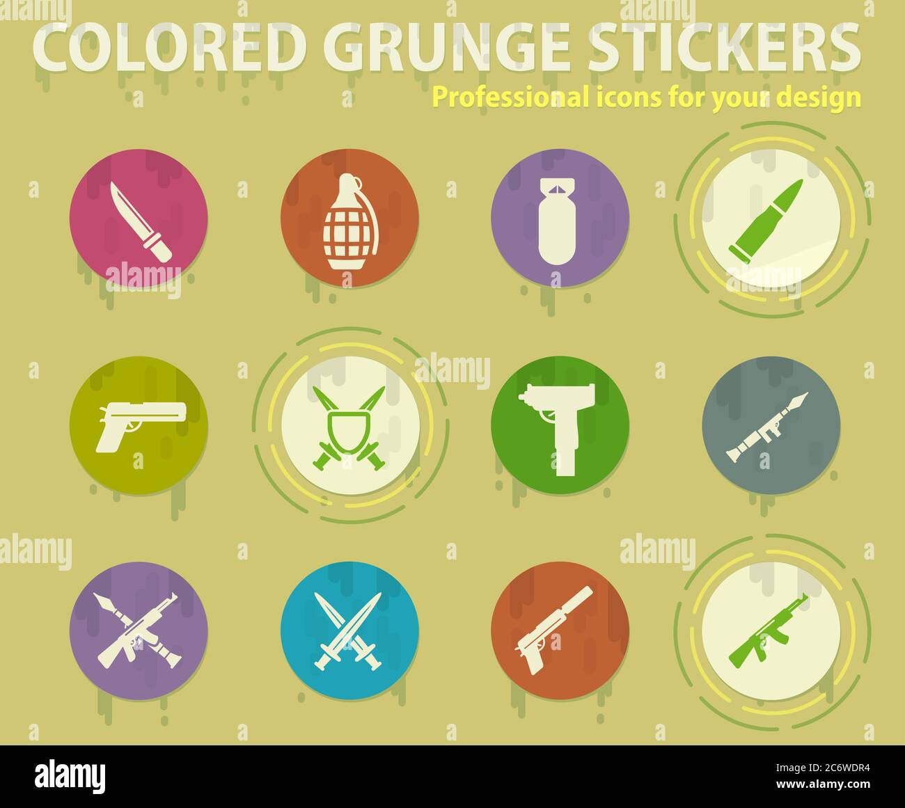 Weapon colored grunge icons Stock Vector