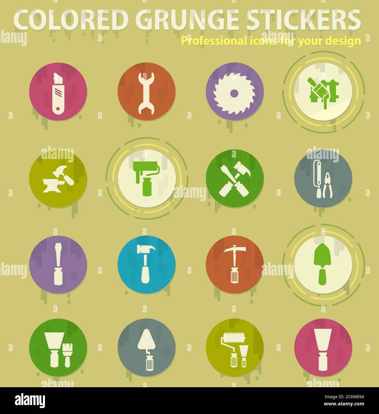 Work tools colored grunge icons Stock Vector
