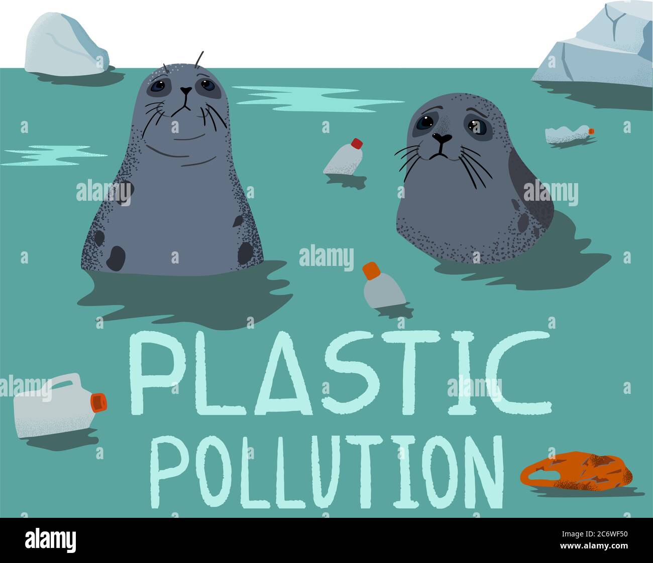 Environmental problem of pollution of the oceans, plastic and fur seals Stock Vector