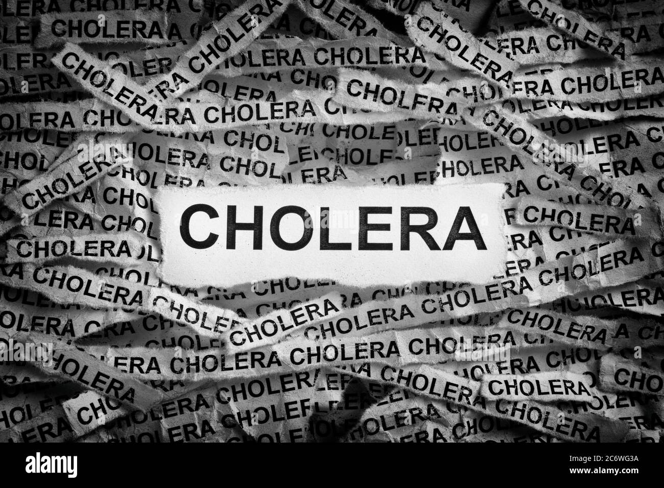 Cholera. Torn pieces of paper with the word Cholera. Concept Image. Black and white. Close up. Stock Photo