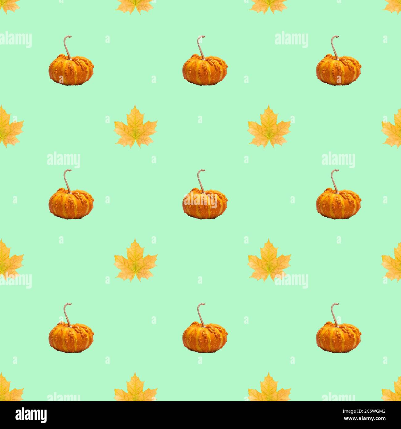 Simple seamless pattern with pumpkin and autumn leaves Stock Photo