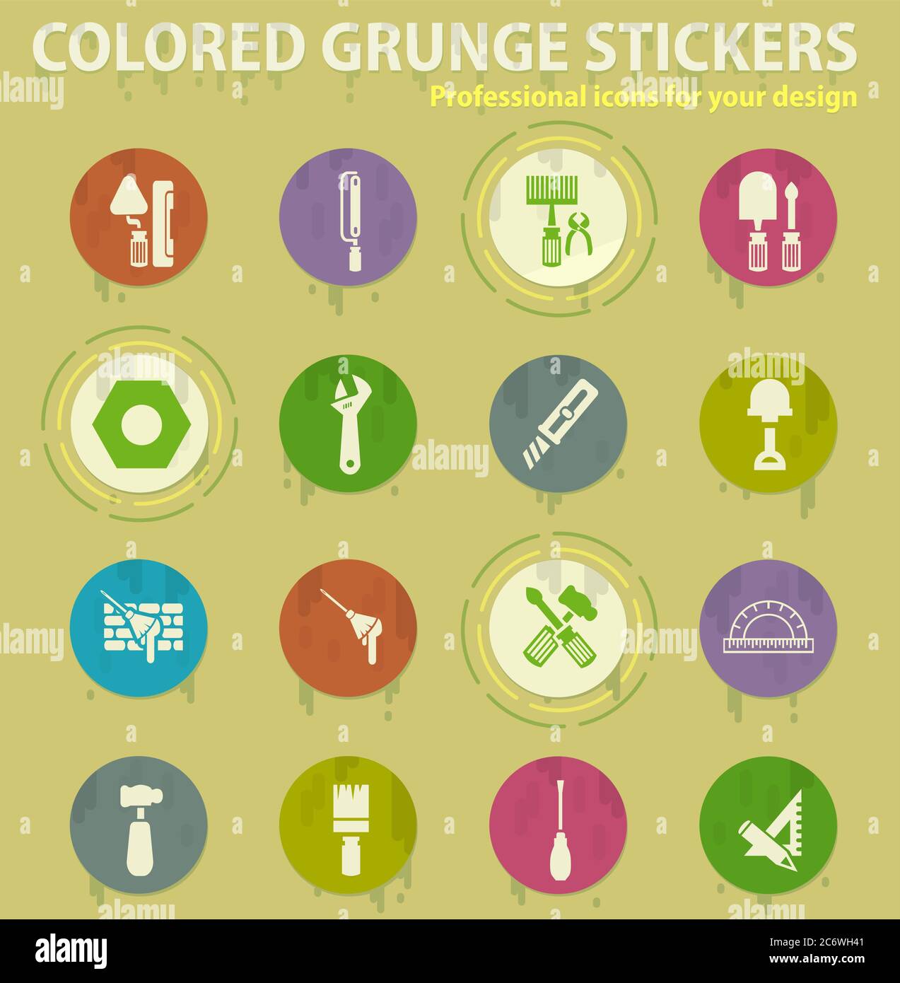 Work tools colored grunge icons Stock Vector