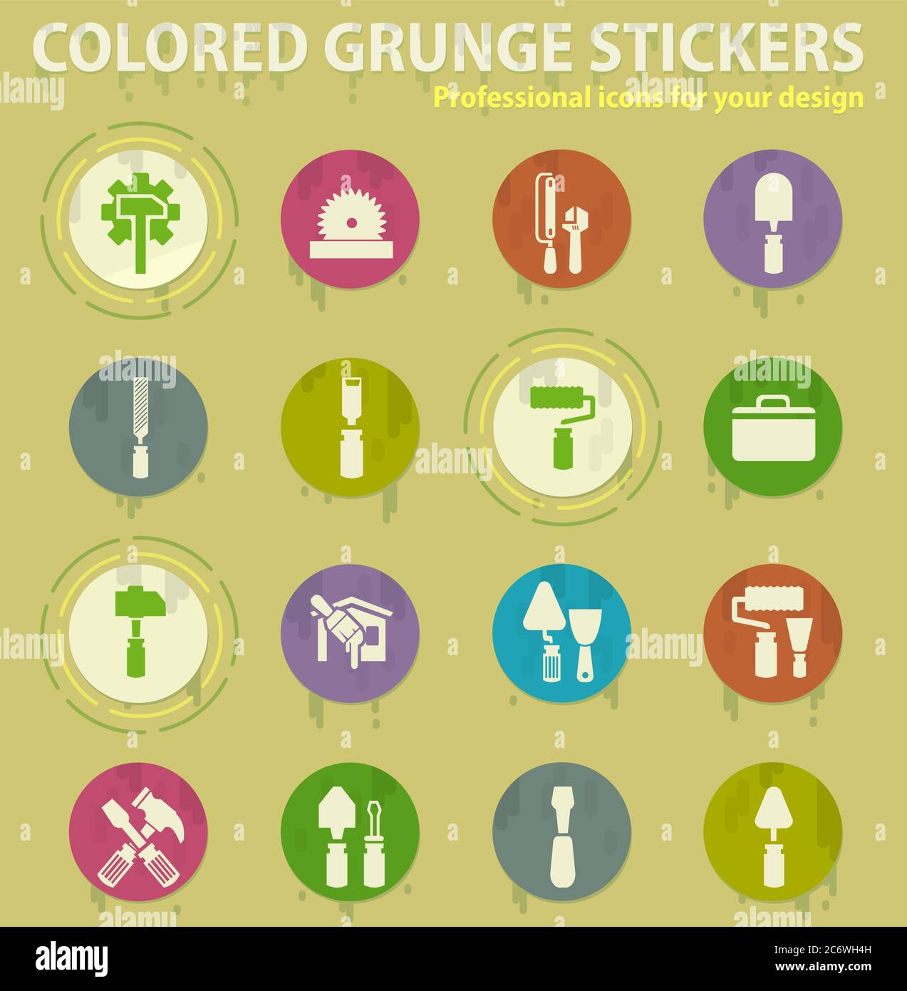 Work tools colored grunge icons Stock Vector