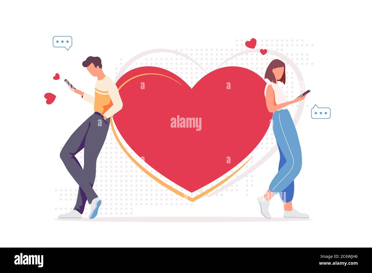 Cartoon illustration with online relationships. Technology, dating app and social media addiction. Internet love communication with smartphones. Web Chatting, write messages about date vector concept. Stock Vector
