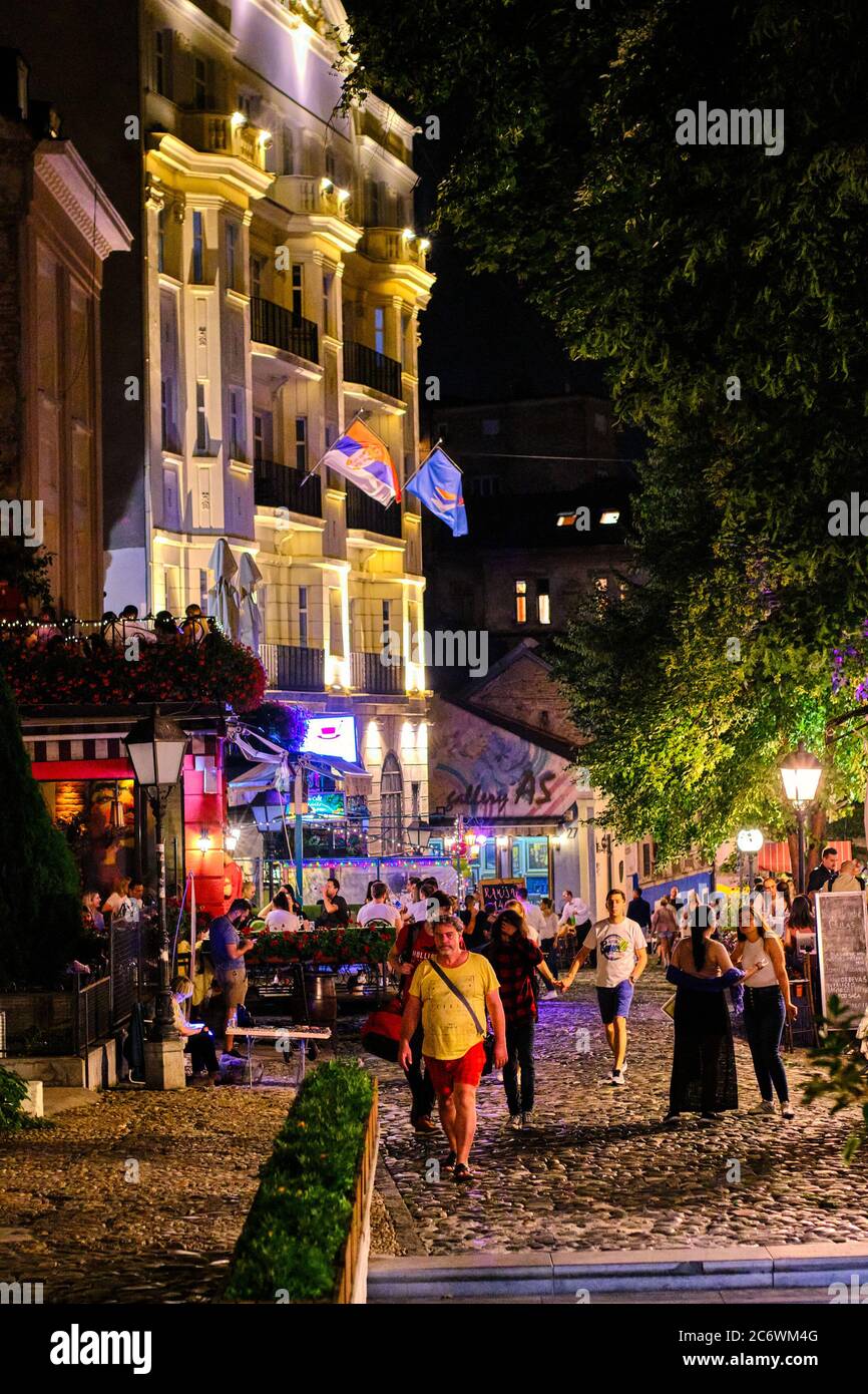 Belgrade / Serbia - June 27, 2020: Skadarlija street, old bohemian street with many famous restaurants of Serbian national cuisine in Belgrade, capita Stock Photo