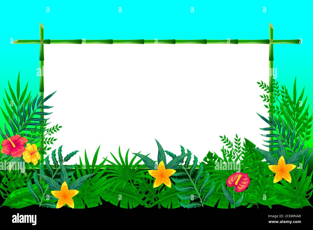 Tropical leaves background with bamboo frame vector illustration Stock Vector
