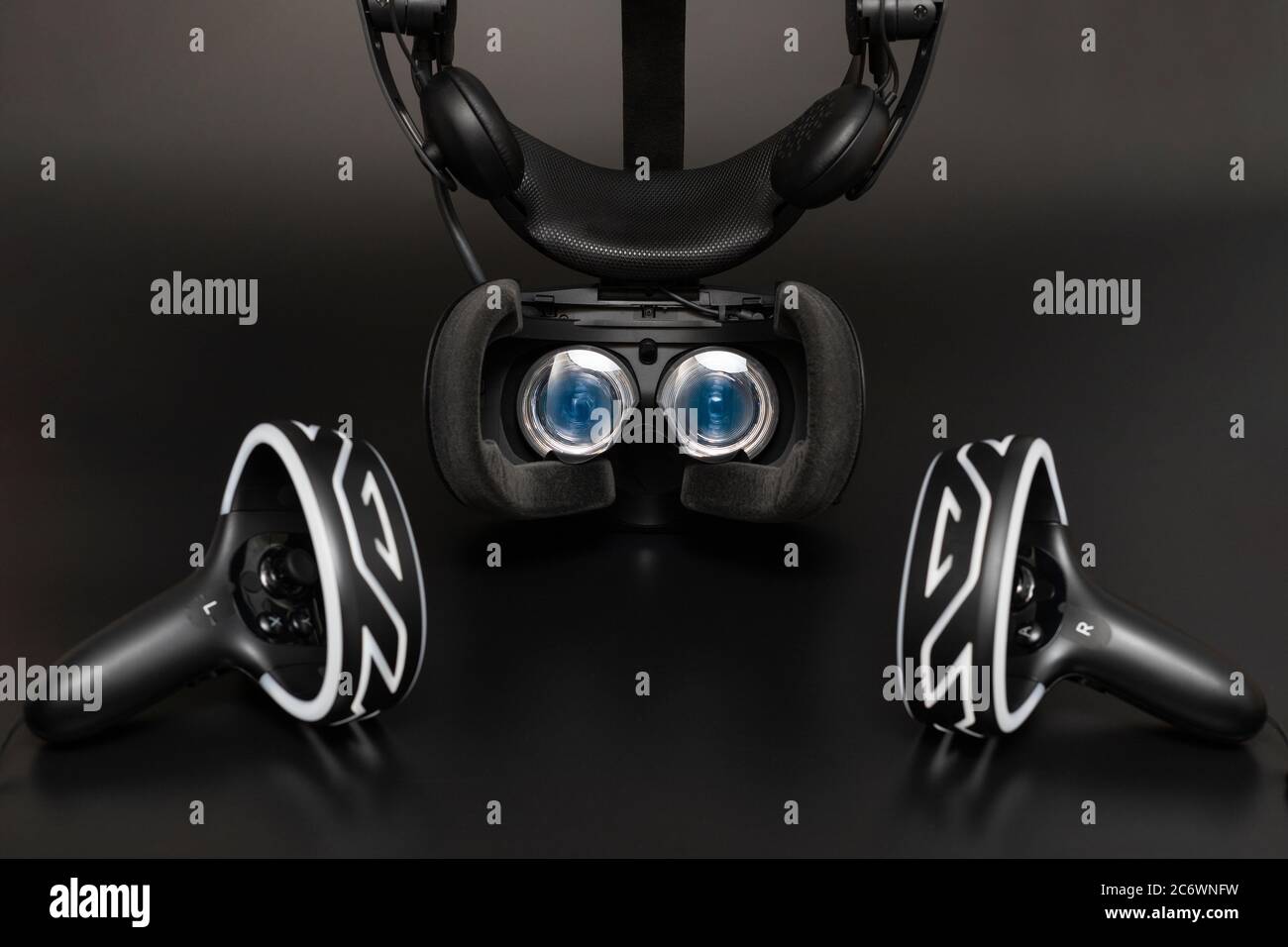 Virtual reality headset blue lenses, black background Stock Photo