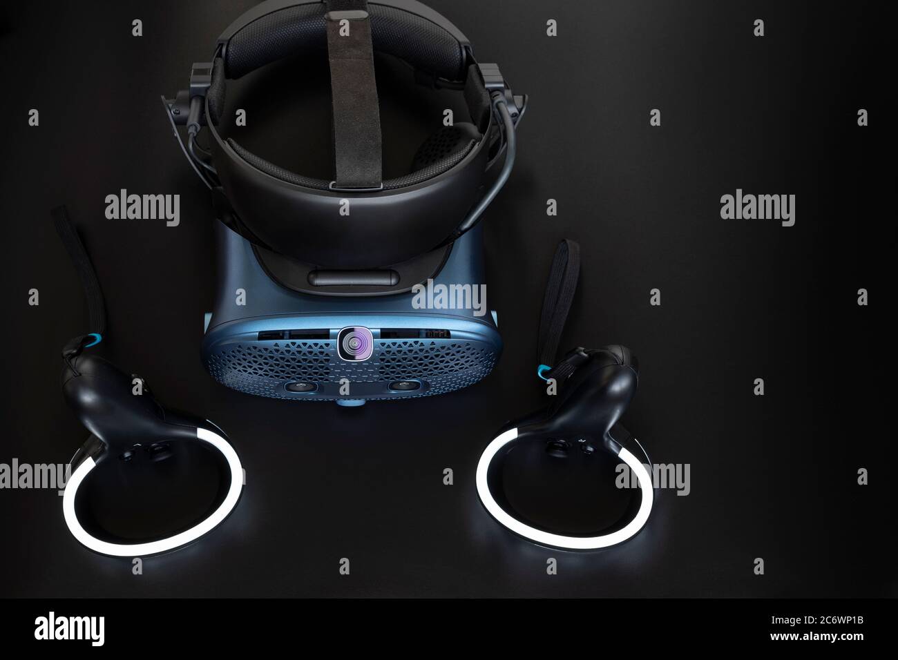 Virtual reality headset on a black background, top view Stock Photo