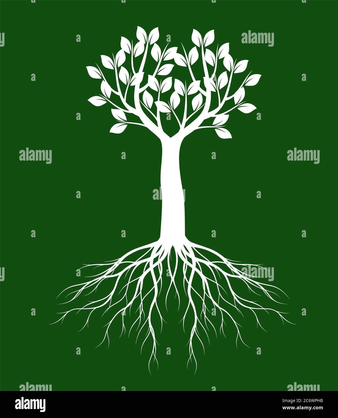 White Tree with Leaves on green background. Vector outline Illustration. Plant in Garden. Stock Vector