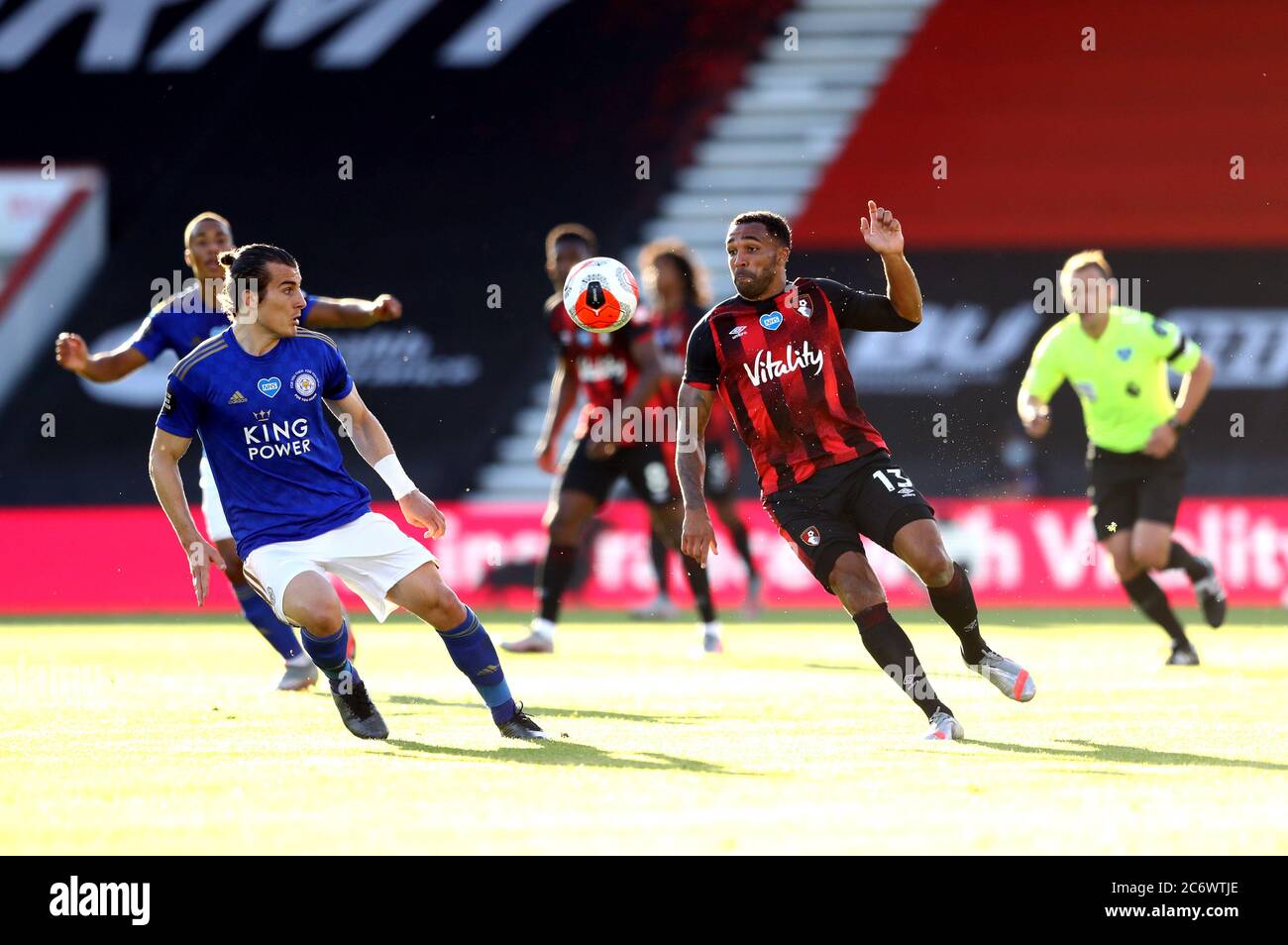 Bournemouth's Callum Wilson (left) and Leicester City's Caglar Soyuncu battle for the ball during the Premier League match at The Vitality Stadium, Bournemouth. Stock Photo