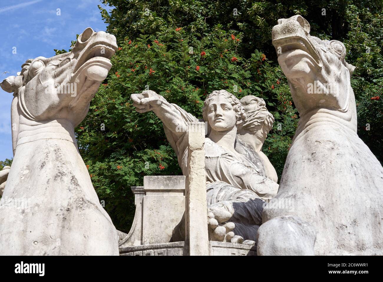 Statue of Neptune symbolising navigation outside the Glamorgan County Hall building, Cardiff, South Wales Stock Photo