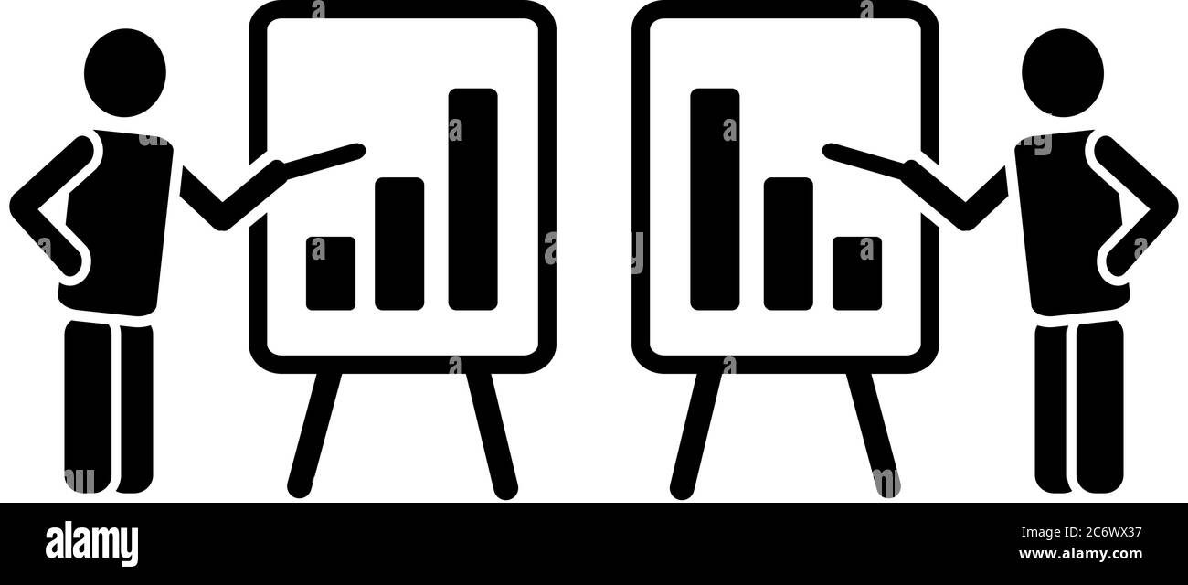 simple two black solid icon pictogram of man figure with flipchart pointing on bar chart columns growing up and falling down, Business presentation Stock Vector
