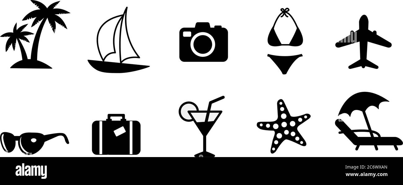Set of black flat travel and vacation vector icons. Palm tree, sailing  ship, camera, bikini swimsuit, plane, sunglasses, suitcase, drink, starfish  and Stock Vector Image & Art - Alamy