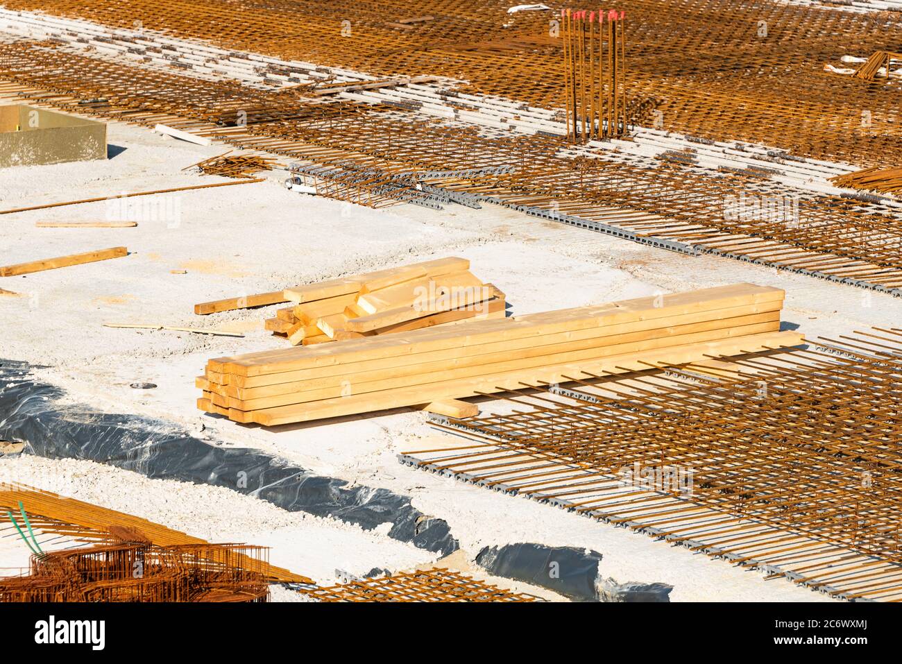 Steel rebar, ready for concrete to be poured. Concrete casting