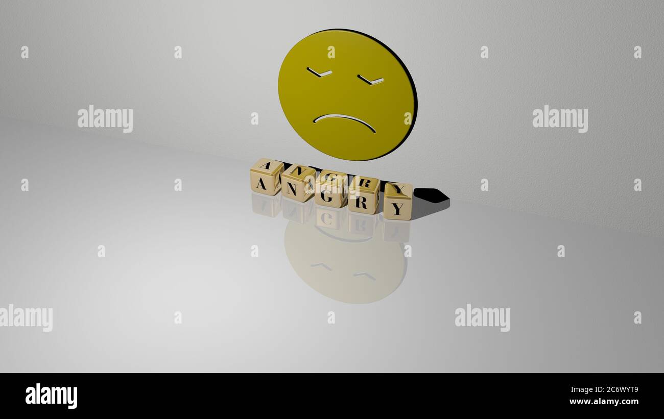 3D graphical image of ANGRY vertically along with text built by metallic cubic letters from the top perspective, excellent for the concept presentation and slideshows. illustration and background Stock Photo