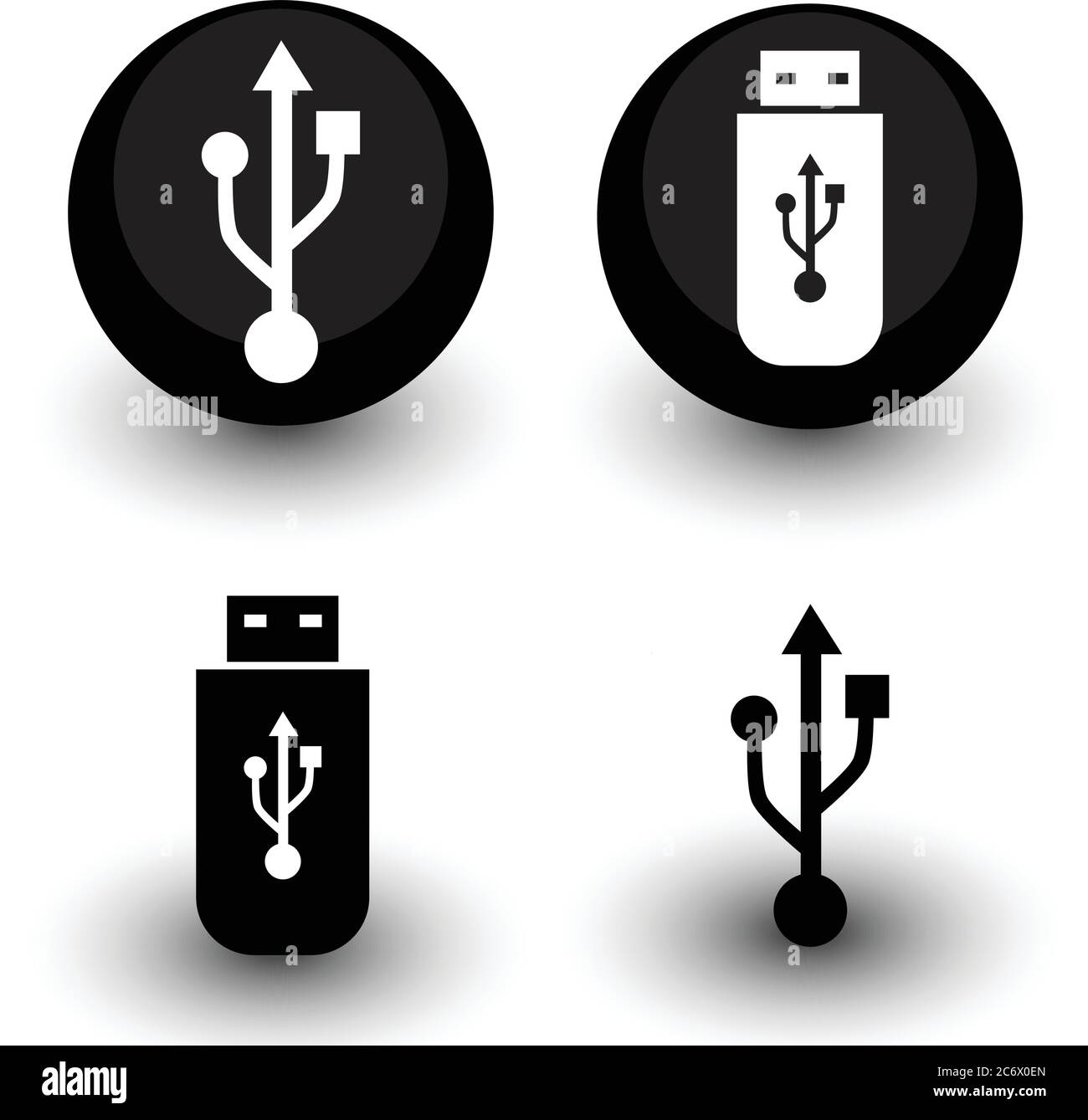 black and white usb sign and flash drive icon set in circle flat with ...