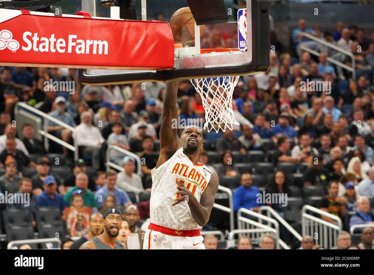 Atlanta Hawks player Dewayne Dedmon #14 makes a layup during the game at the Amway Center in Orlando Florida on Monday February 8, 2020.  Photo Credit Stock Photo