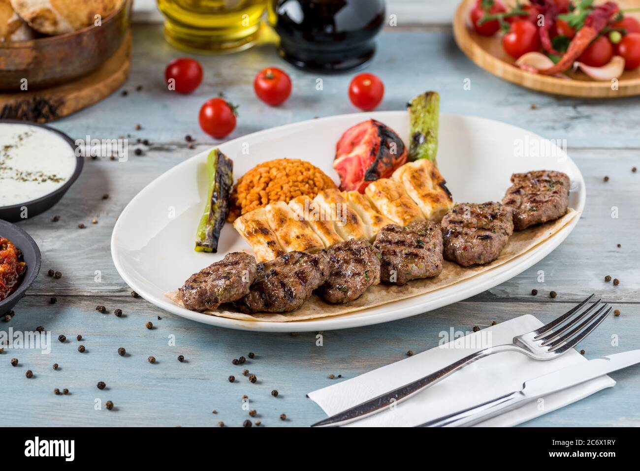 Turkish traditional kofte. Spicy meatballs Kebab or Kebap. Stock Photo