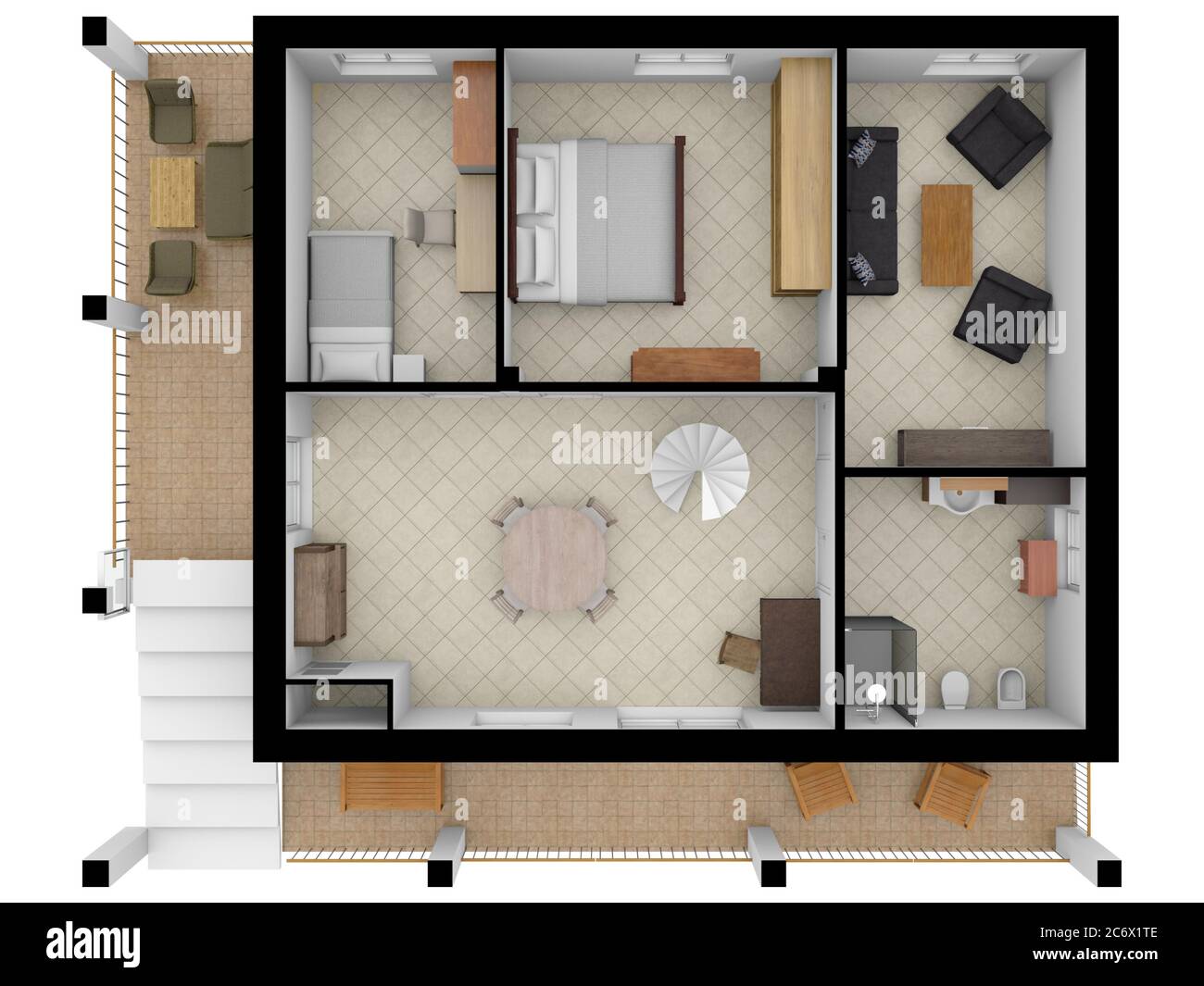 Floor plan. Interior. 3d floor plan for real estate. Home plan. 3D design of home space. Color floor plan. Stock Photo