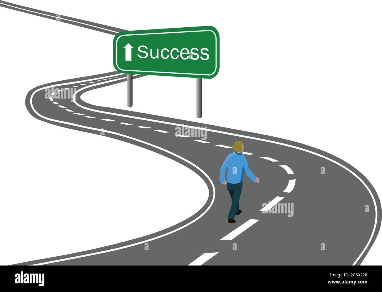 man walking on curved asphalt road highway to the green sign suc Stock