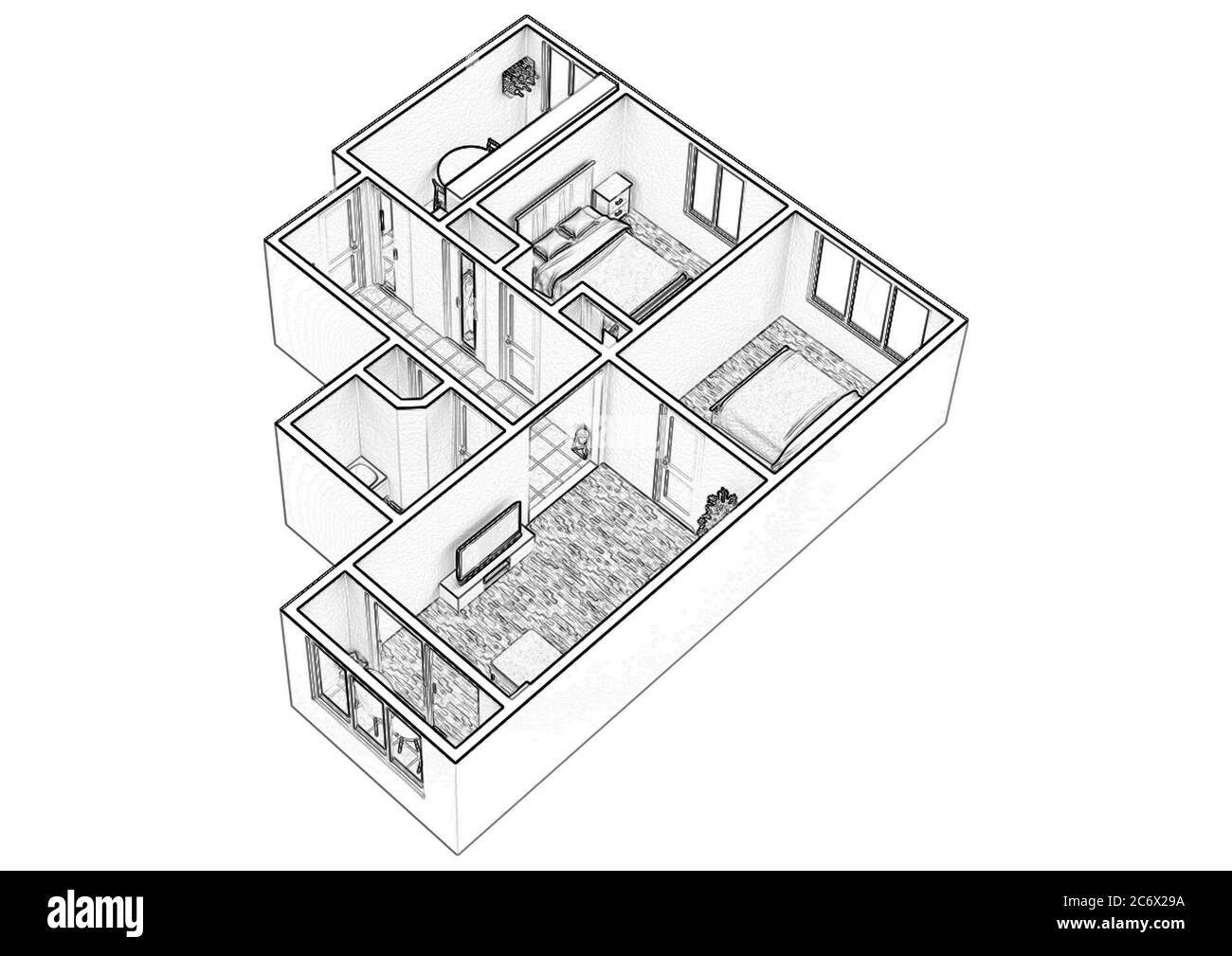3d floor plan. Black&white floor plan. 3D illustration, sketch, outline. Stock Photo