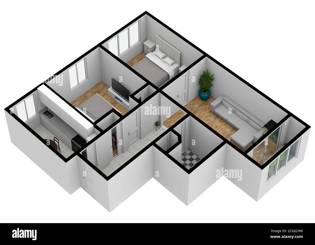 Interior floor plan. 3d floor plan for real estate. Home plan. 3D design of home space. Color floor plan. Stock Photo