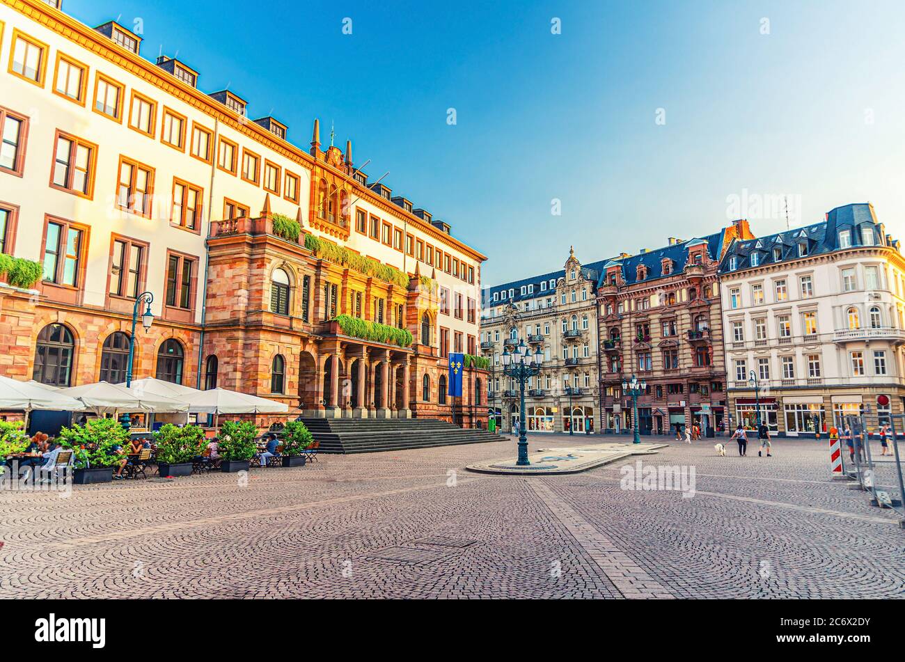 Wiesbaden City Palace Stadtschloss or New Town Hall Rathaus neo-classical building on Schlossplatz Palace Square in historical city centre, blue sky background, State of Hesse, Germany Stock Photo