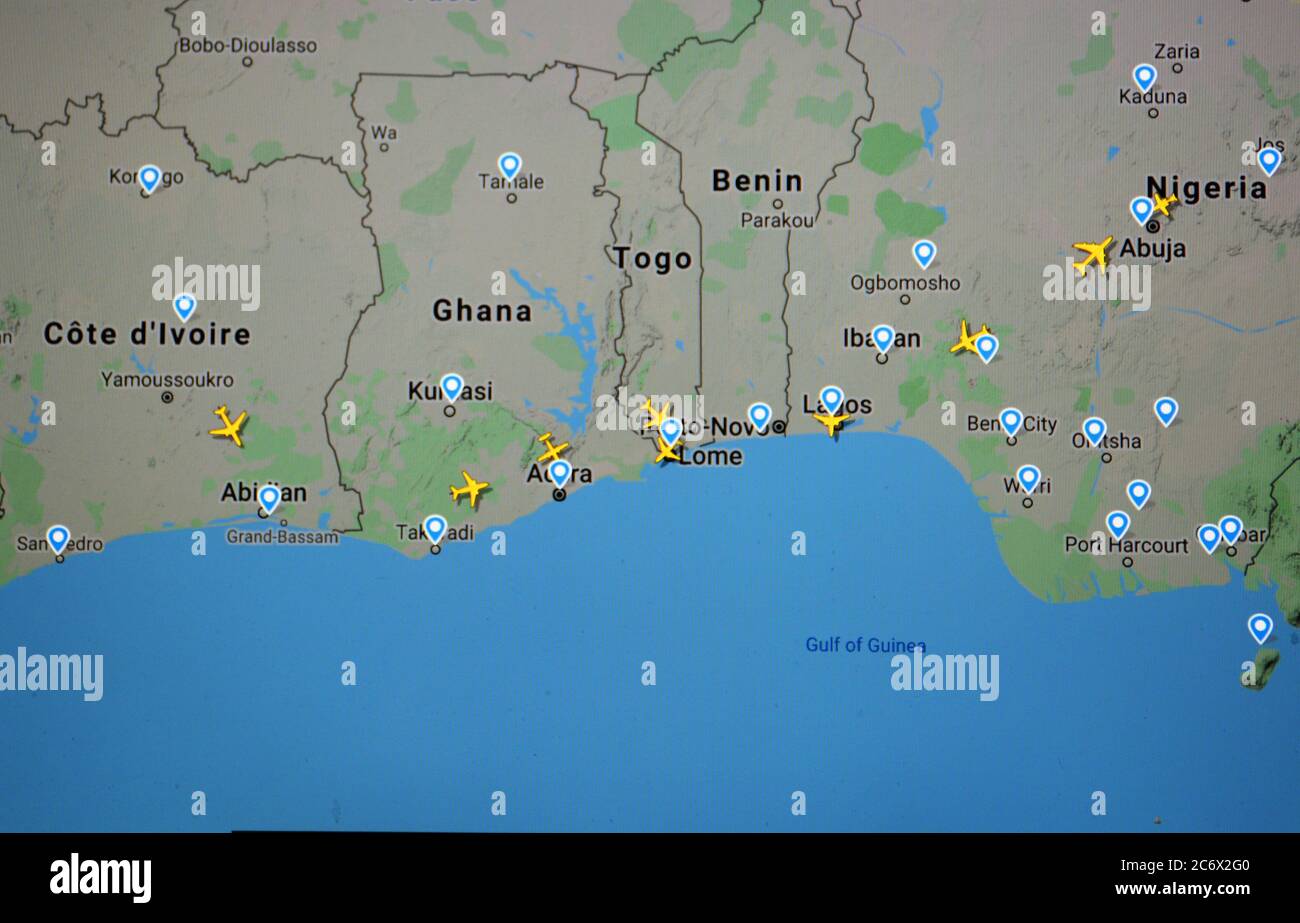 air traffic over Cote d Ivoire, Ghana, Togo, Benin and Nigeria area (12 july 2020, UTC 14.18) with Flightradar 24 site by Svenska Resenätverket AB Stock Photo