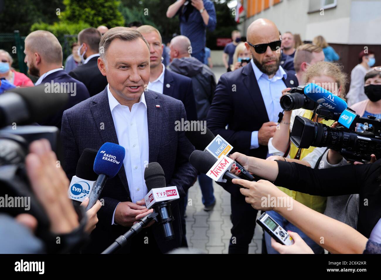 President of Poland, Andrzej Duda speaks during a press conference after  voting.The incumbent President of Poland, Andrzej Duda with Poland's First  Lady, Agata Kornhauser-Duda and their daughter, Kinga Duda voted in the