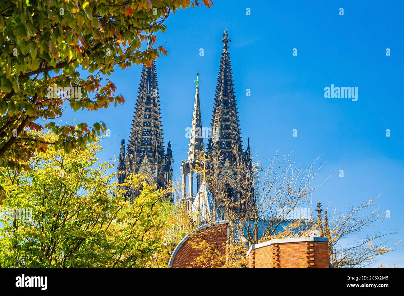 Two huge spires of Cologne Cathedral Roman Catholic Church Saint Peter gothic architectural style building and tree crown with green leaves foreground, blue clear sky, North Rhine-Westphalia, Germany Stock Photo