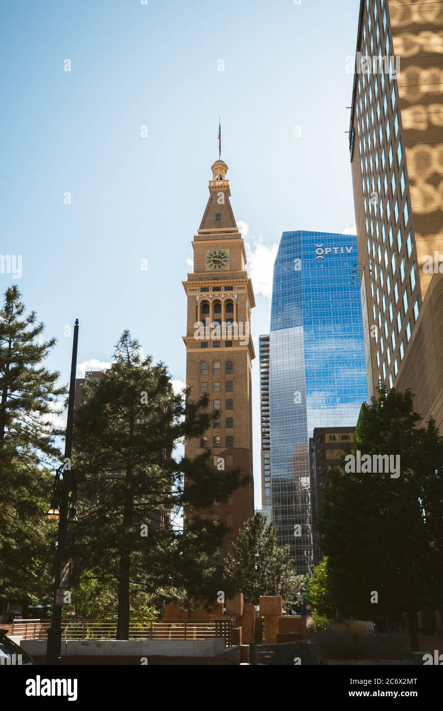 Tall big church with clock on it, city of Denver Colorado USA Stock