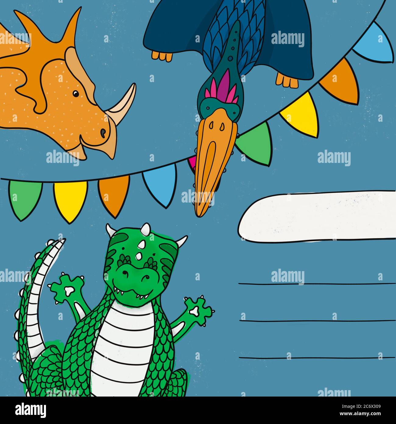 Happy birthday card or invitation with dinosaurs. Funny Pterodactyl, Tyrannosaurus and Triceratops. Stock Photo
