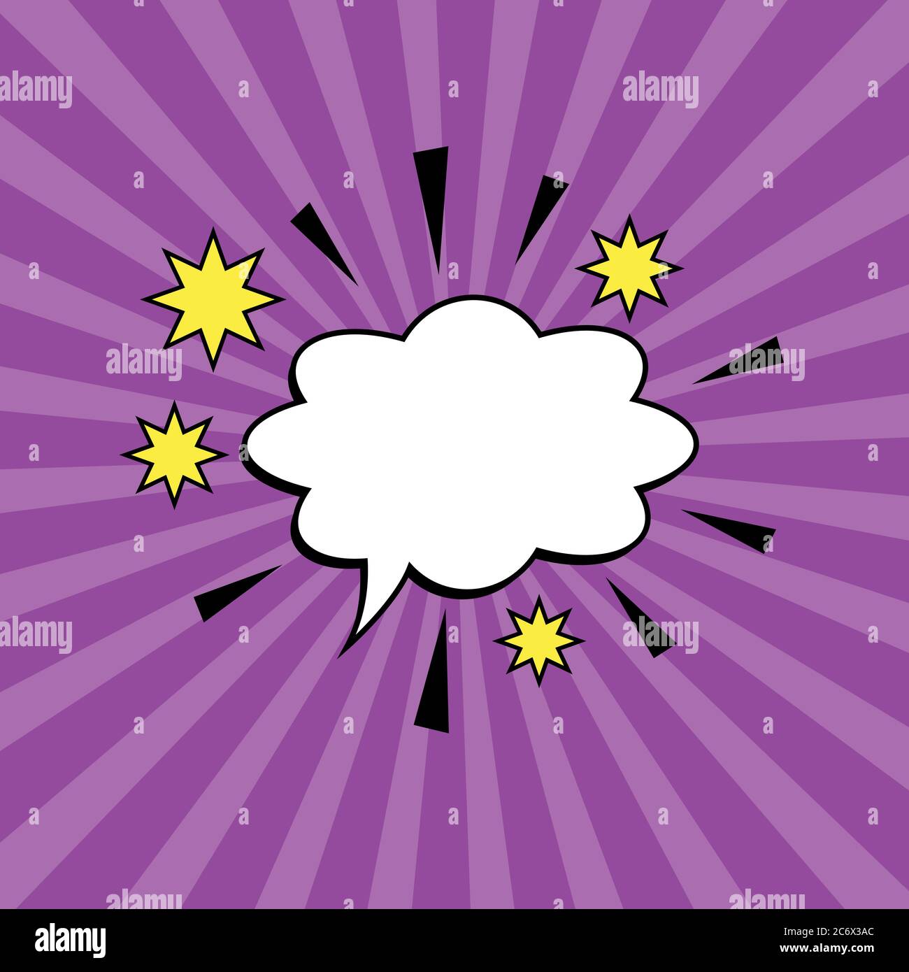 Comic burst with pink purple rays, cartoon explosion with cloud shape speech bubble and place for text, vector Eps10 background Stock Vector