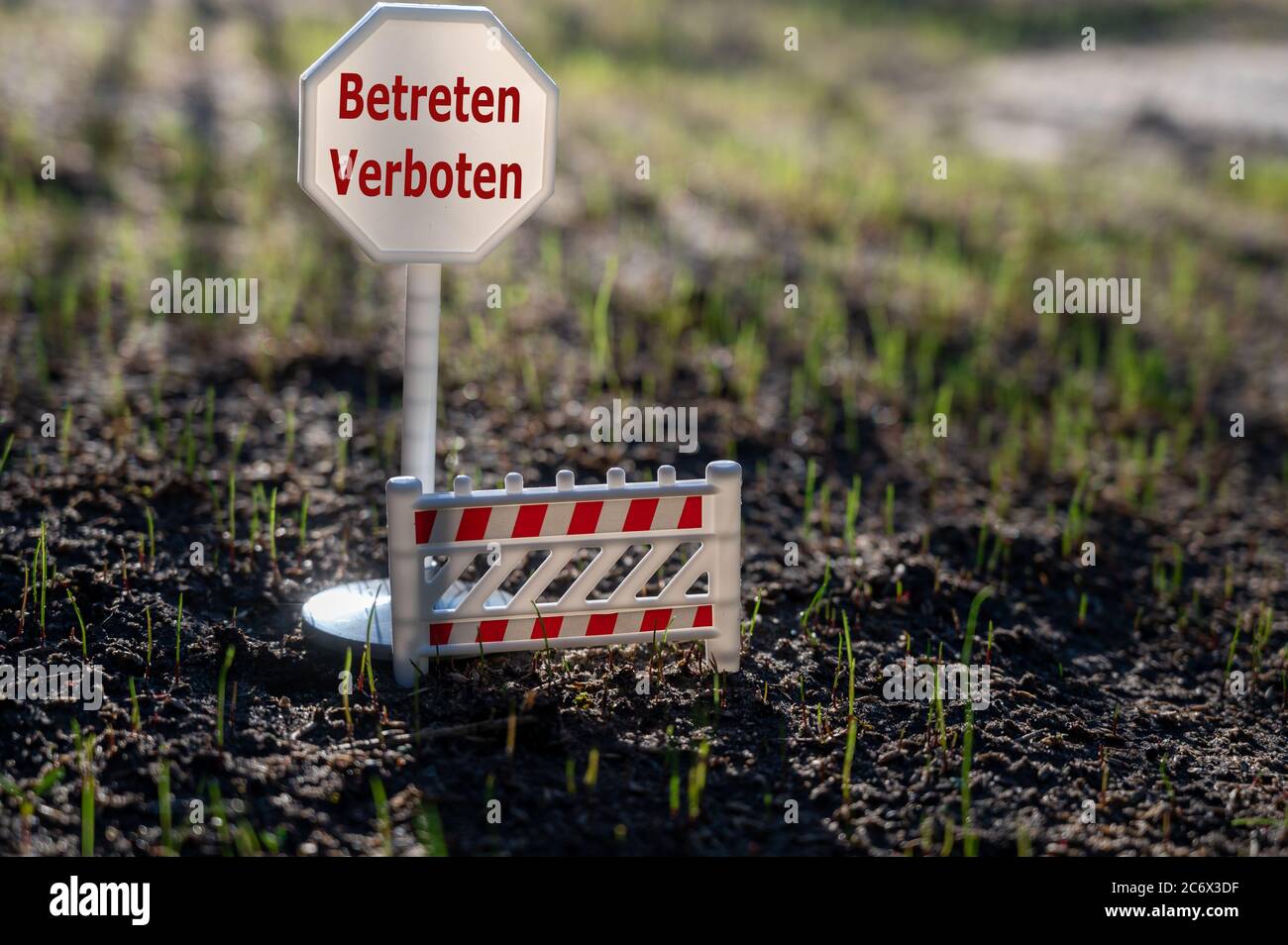 A sign with the German text "betreten verboten" (keep off) on a new