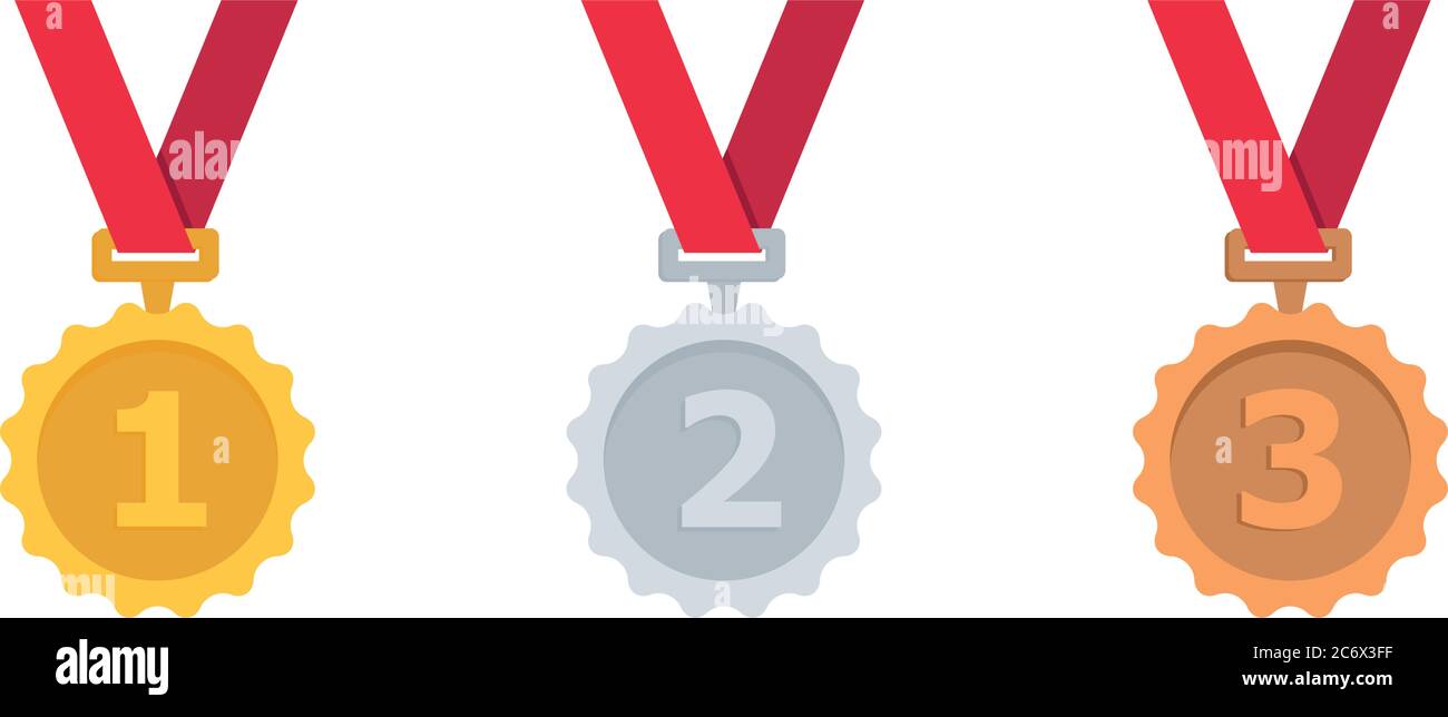 Gold, silver and bronze medal with red ribbon Medal vector icon set ...