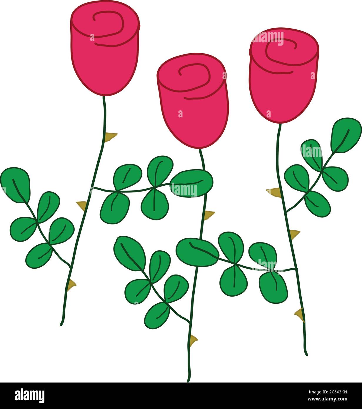three stylized red roses with green leaves, simple vector hand-d Stock ...