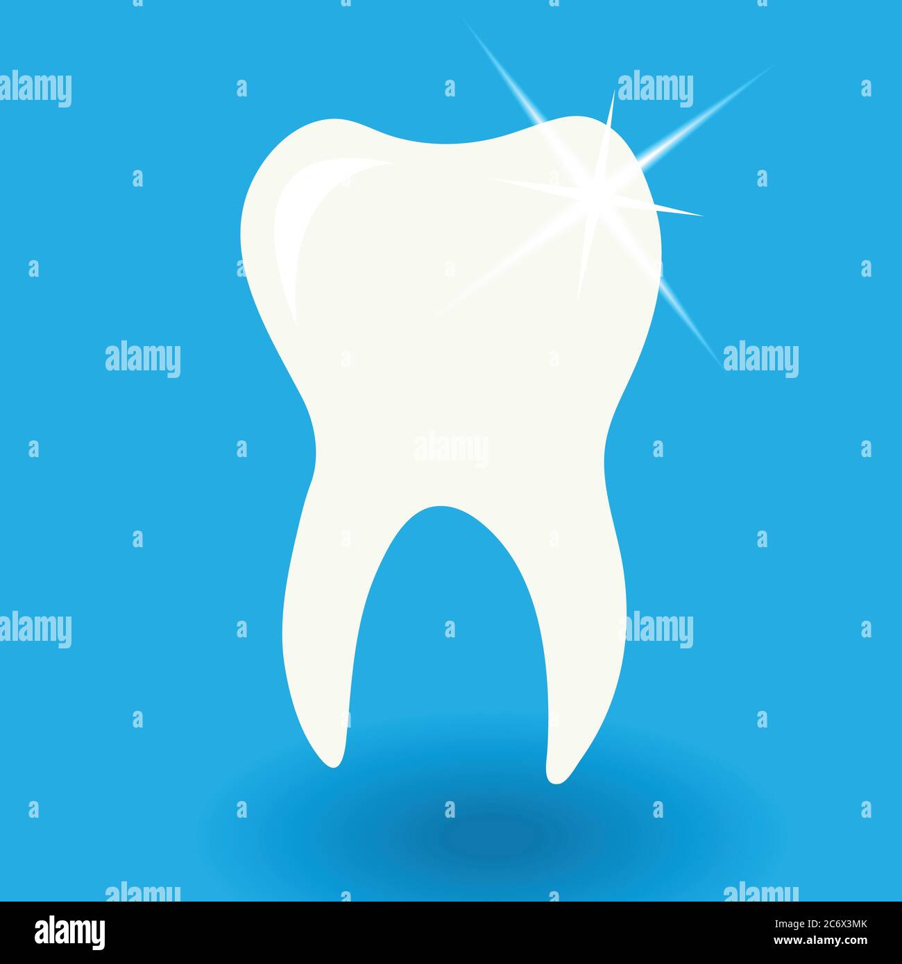 white tooth icon with shine on blue background with shadow vector ...