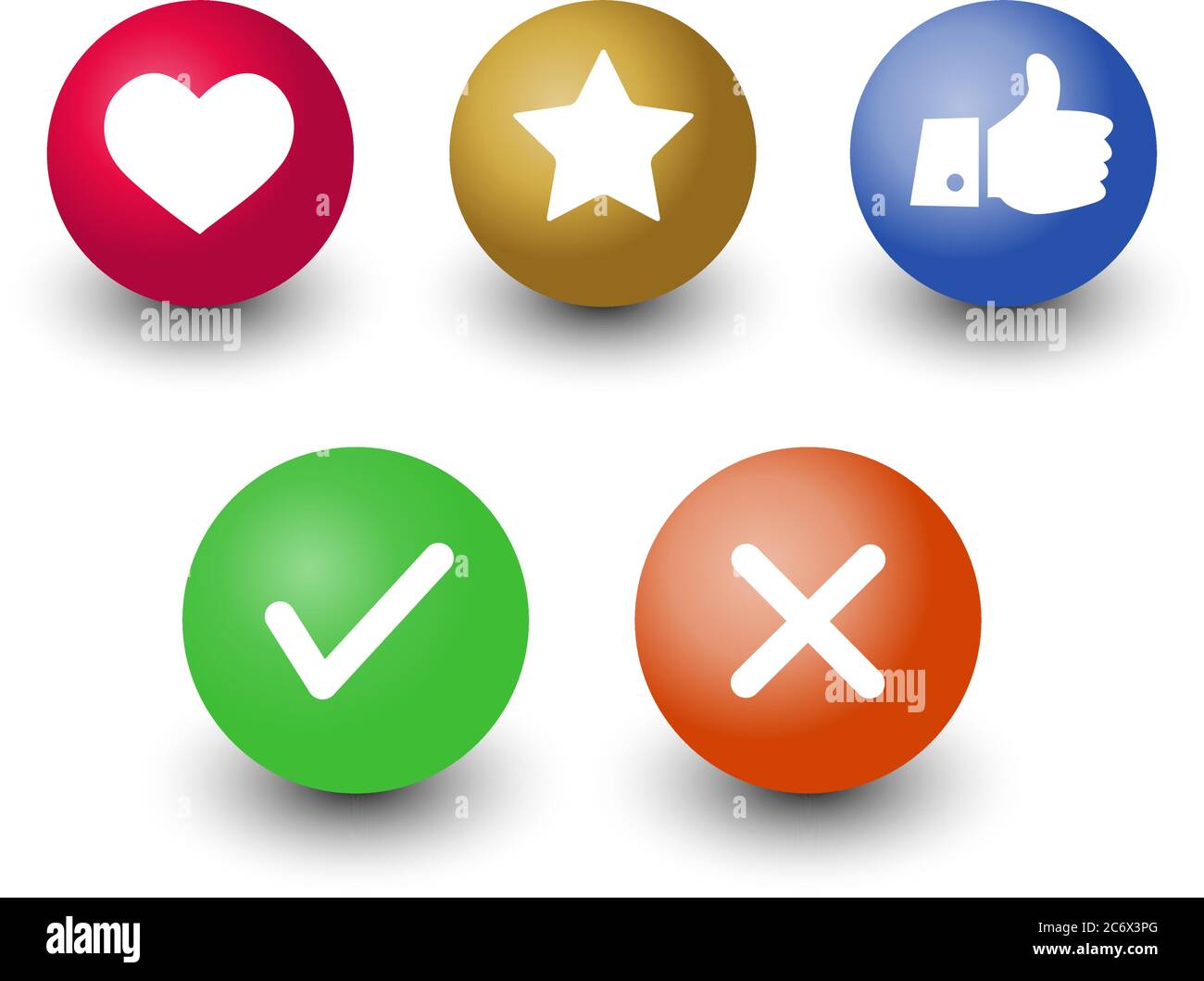 mark check o.k.,cancel, like, voting and rating vector icon set, hand with thumb up, star and heart symbol in color 3d circle buttons with shadow Stock Vector