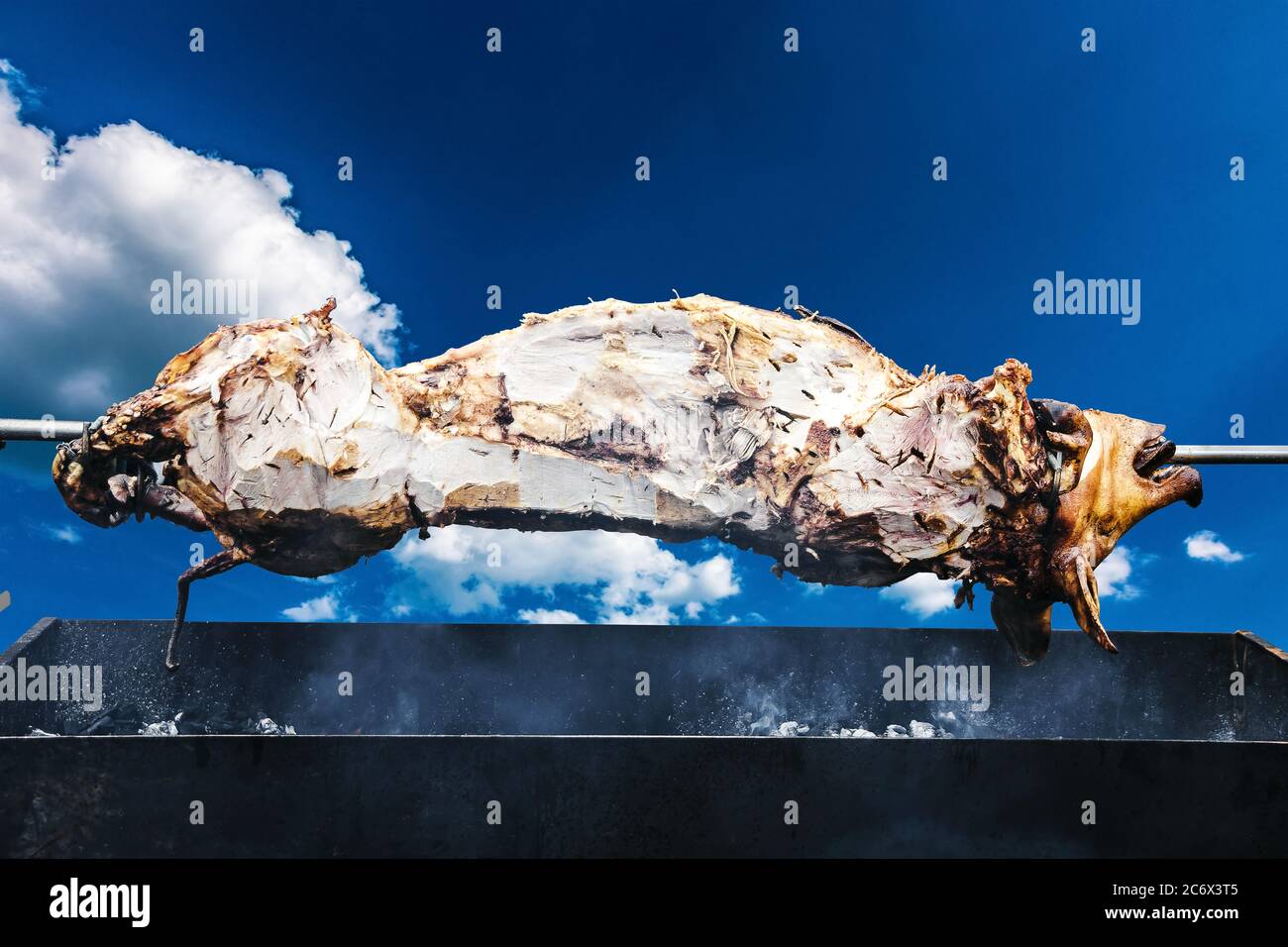 pig on the spit cooked on the grill, barbecue concept Stock Photo